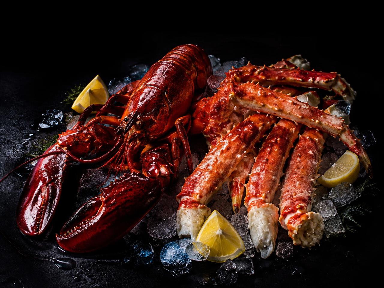 Lobster and king crab legs on ice