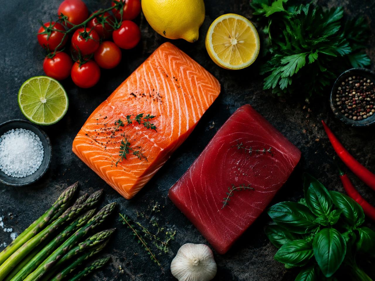 Fresh salmon, tuna and produce